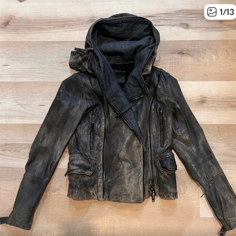 ALL SAINTS Leather Hooded Jacket
